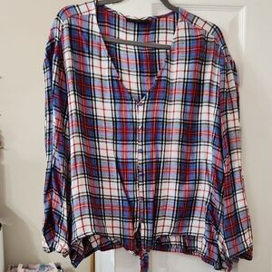 Lane Bryant Blue & Red Plaid Button-Front Tie-Hem Top